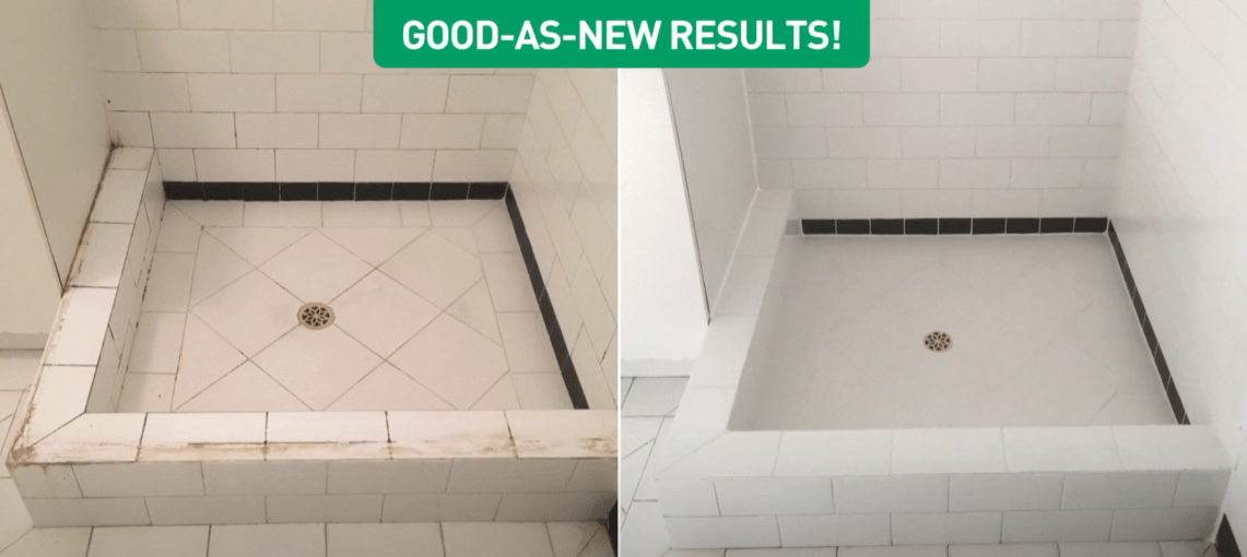 Before and after picture of bathroom tiles